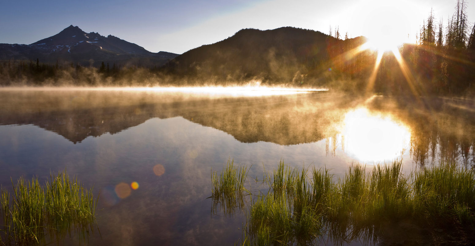 Morning mist at sunrise in Sparks Lake, Central Oregon