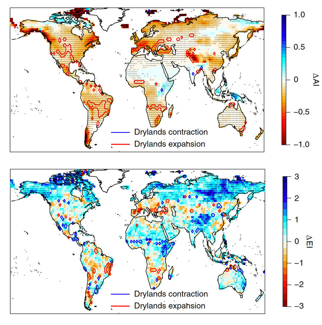 Change in dryland area between the 1970-2000 and 2070-2100 periods under RCP8.5, for the AI index and EI index