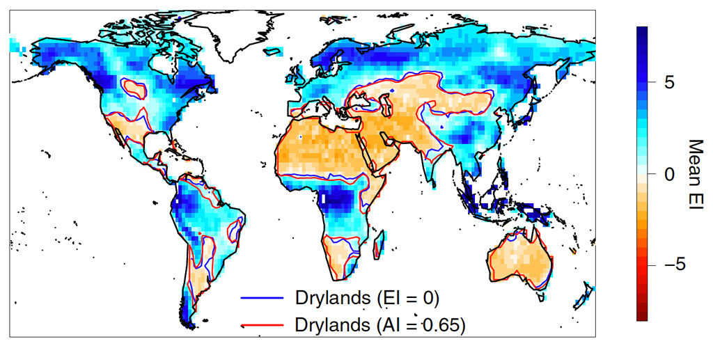 Map showing present-day global drylands using the ecoy-hydrological index and aridity index metrics