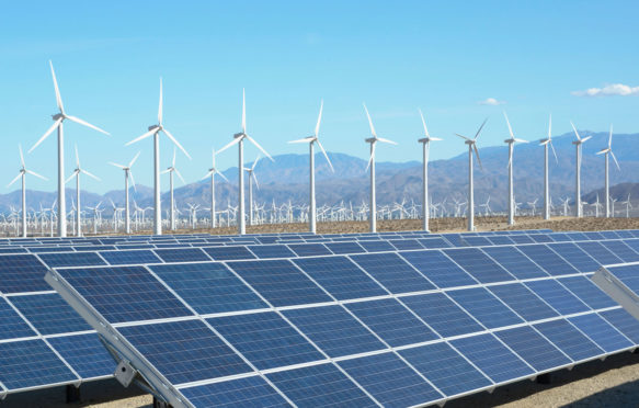 Photovoltaic solar panels and wind turbines, San Gorgonio Pass Wind Farm California