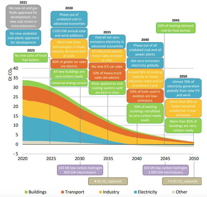 Selection of global milestones for policies, infrastructure and technology deployment in the IEAs NZE