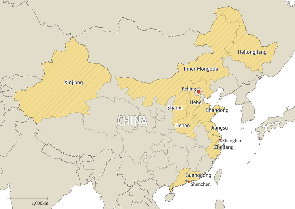 The location of the top 10 provinces with the most registered key emission entities in Chinas national ETS in 2021.