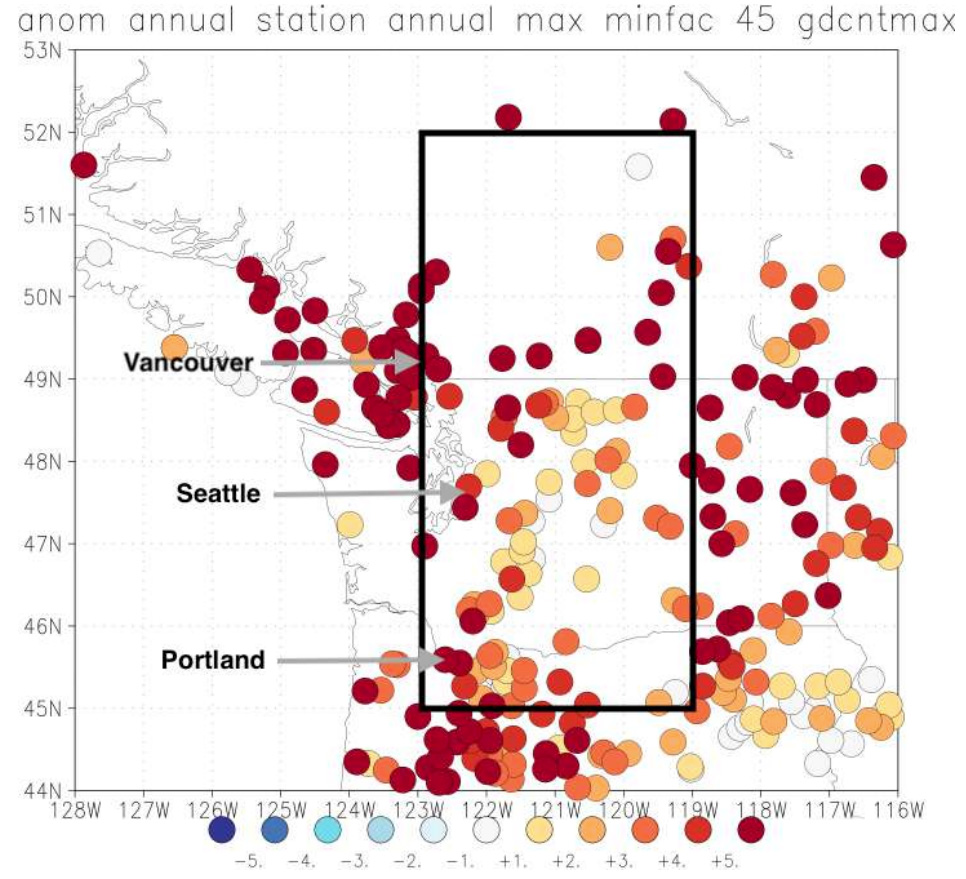 Anomalies of 2021 highest daily maximum temperature relative to the whole time series