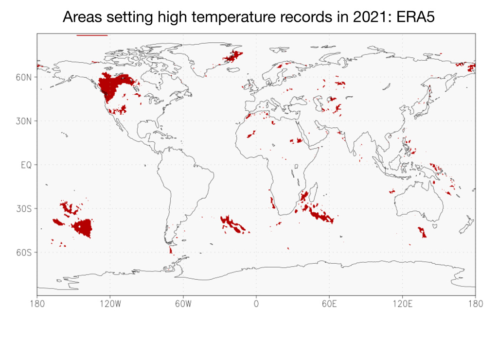 Areas where new all-time high temperature records have been set in 2021 to-date