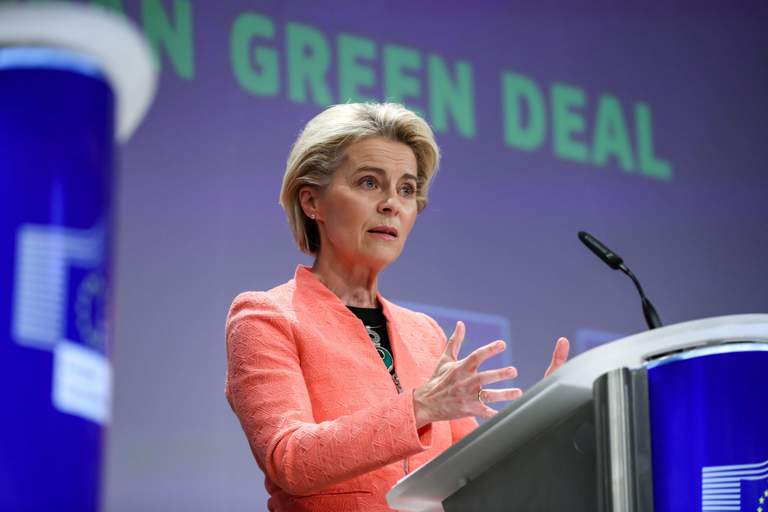 European Commission President Ursula von der Leyen speaks during a press conference in Brussels