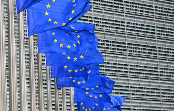 Row of billowing blue European Union flags outside the EU headquarters Berlaymont building