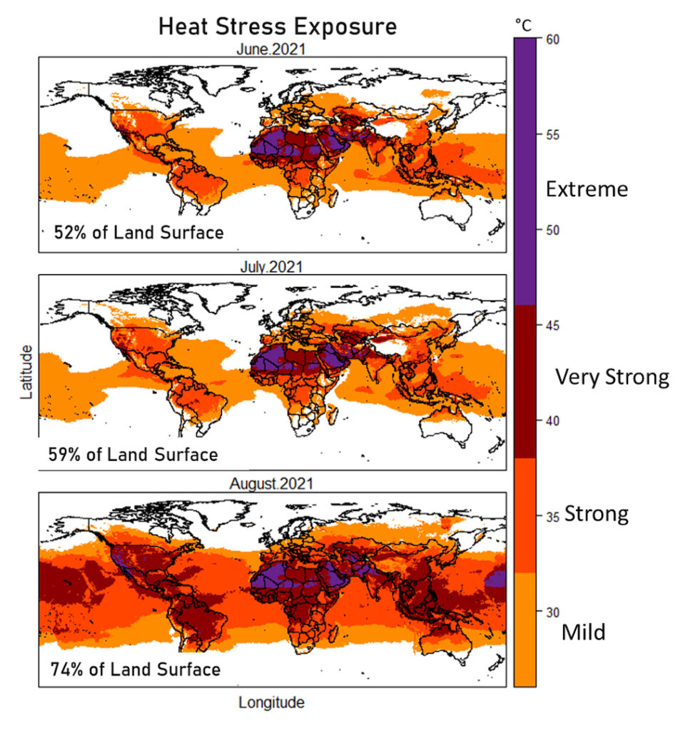 Heat stress exposure over the summer as indicated by the Universal Thermal Climate Index (UTCI) monthly mean of daily maxima