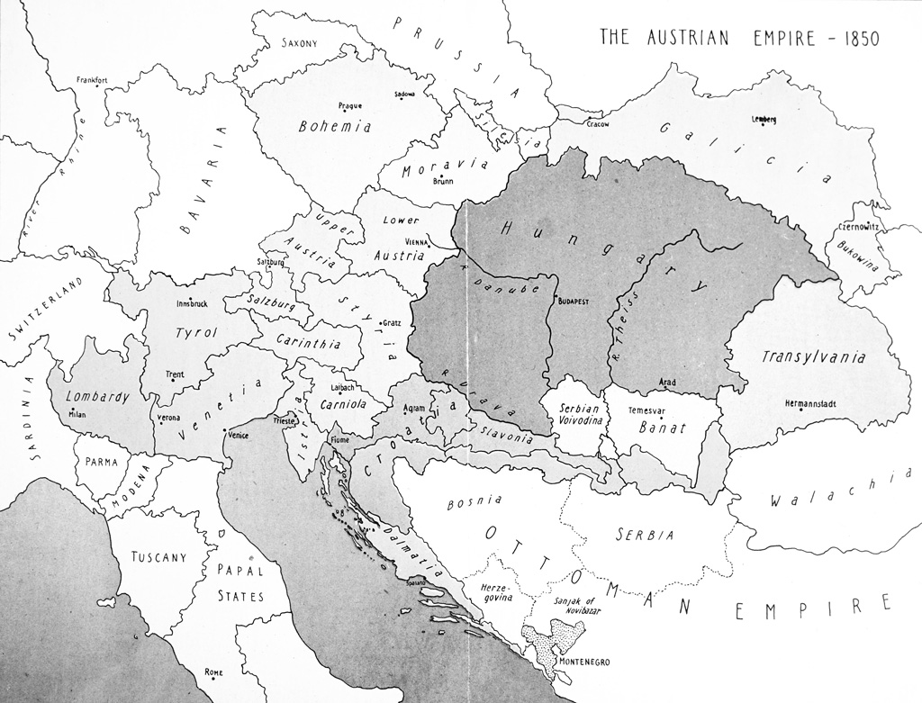오스트리아 오스트리아-헝가리 제국의지도. 1850 년