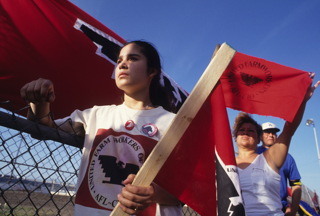 Female latina protesters at a United Farmworkers rally in Stockton, California, 1994