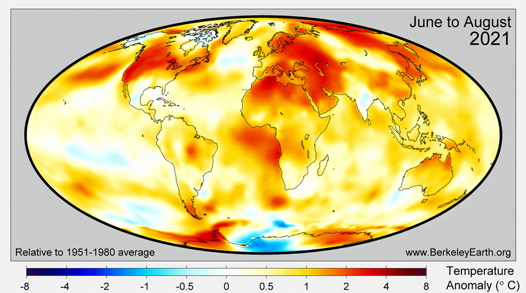 Map of summer June, July, August average land surface temperatures