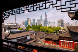 Old and modern China viewed from a tea house in old town, Shanghai