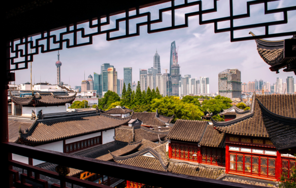 Old and modern China viewed from a tea house in old town, Shanghai