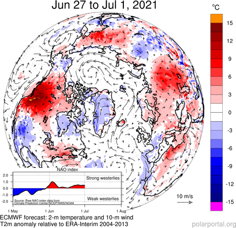 Map showing cool, wet summer weather in Greenland and the extreme heat over North America