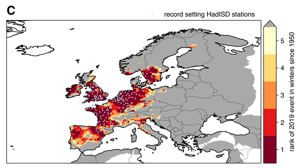 Map showing how the maximum temperatures during the 2019 heatwave ranked out of annual maximum temperatures seen in winter