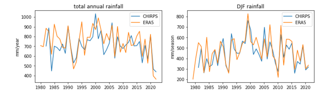 Total rainfall (left) and December-February rainfall (right) in southern Madagascar over 1980-2021, using the CHIRPS (blue) and ERA5 (orange) data. Credit: World weather attribution (2021)