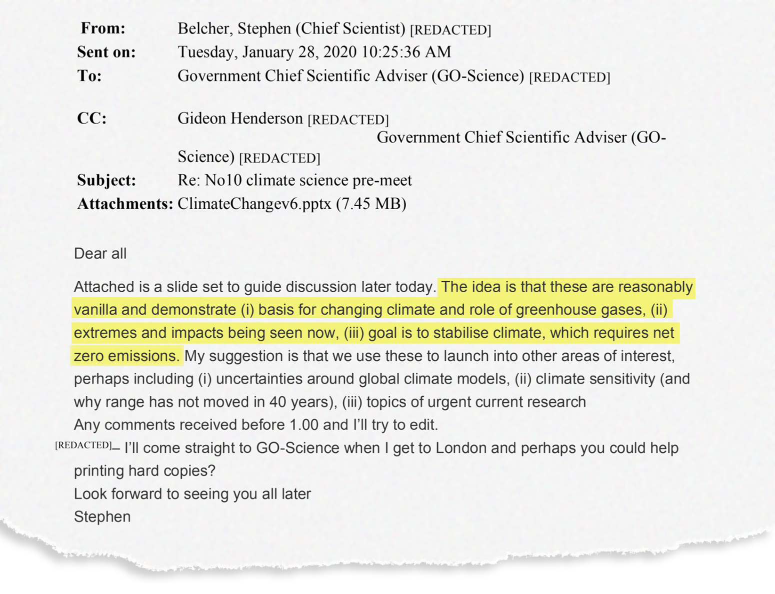 Discussion of leading slide on climate change teach-in at No10