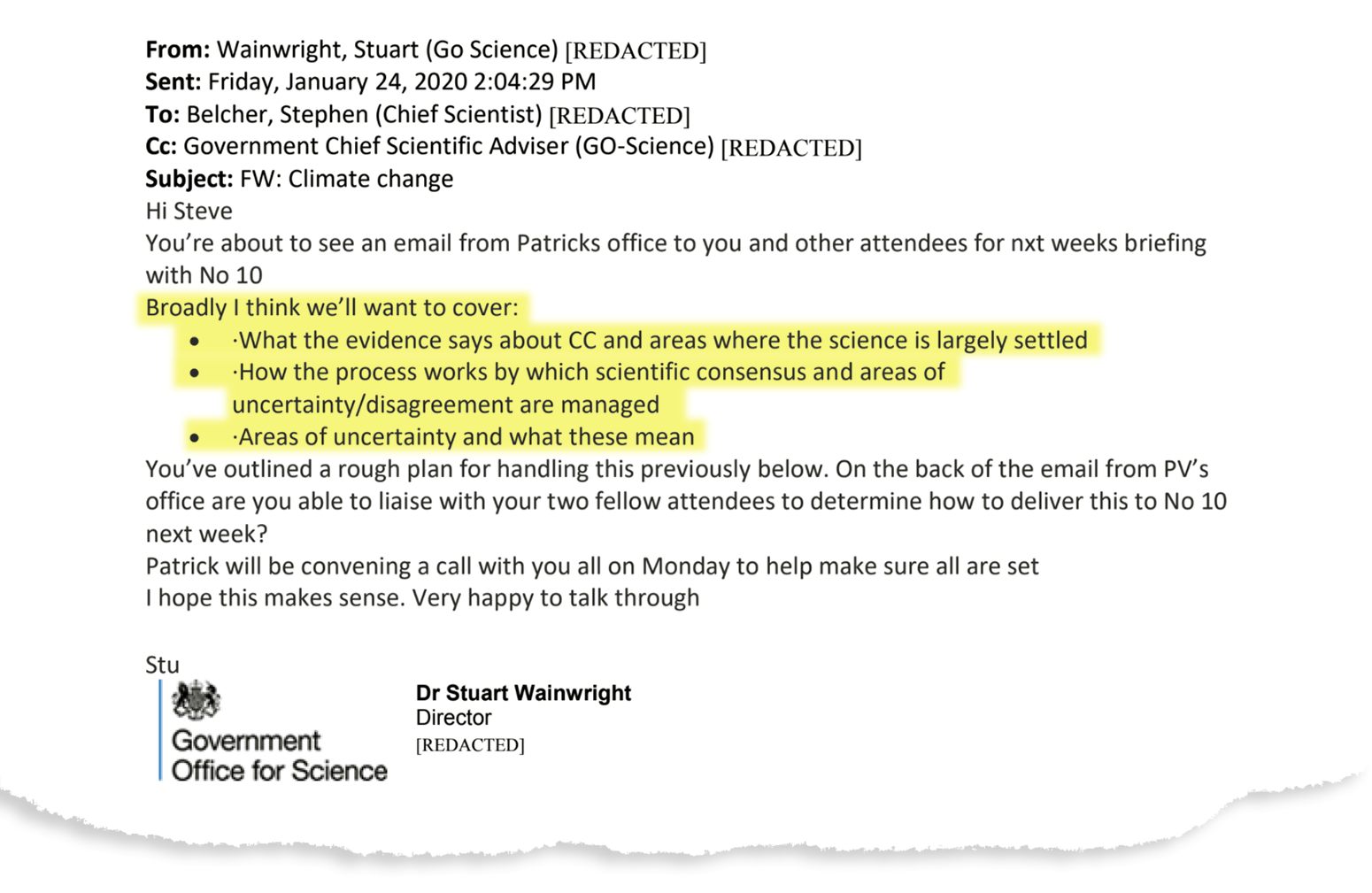 Email outlining what scientists wanted to cover in the no10 climate change teach-in