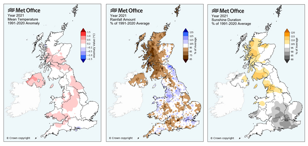 Maps of UK temperature anomalies in 2021 relative to 1991-2020 average