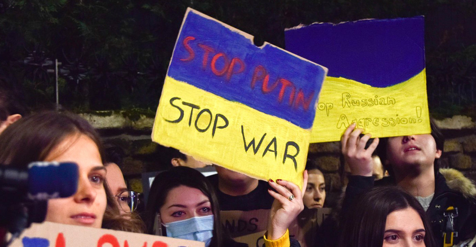 Demonstrators gathered outside the Russian Embassy in London in protest against the Russian invasion of Ukraine in February 2022