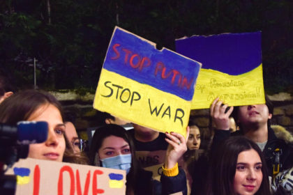 Demonstrators gathered outside the Russian Embassy in London in protest against the Russian invasion of Ukraine in February 2022