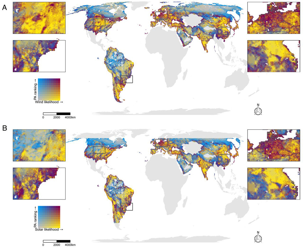 The likelihood of any 30km by 30km cell to contain wind or solar photovoltaic energy