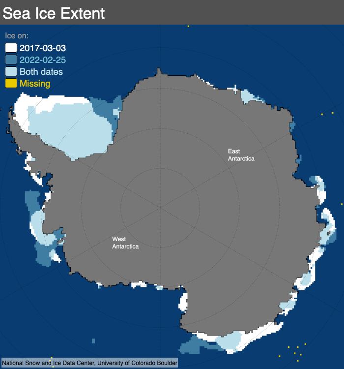 Sea ice extent during the 2017 minimum (white) and 2022 minimum (mid blue). Ice present on both dates is shown in light blue. Credit: NSIDC