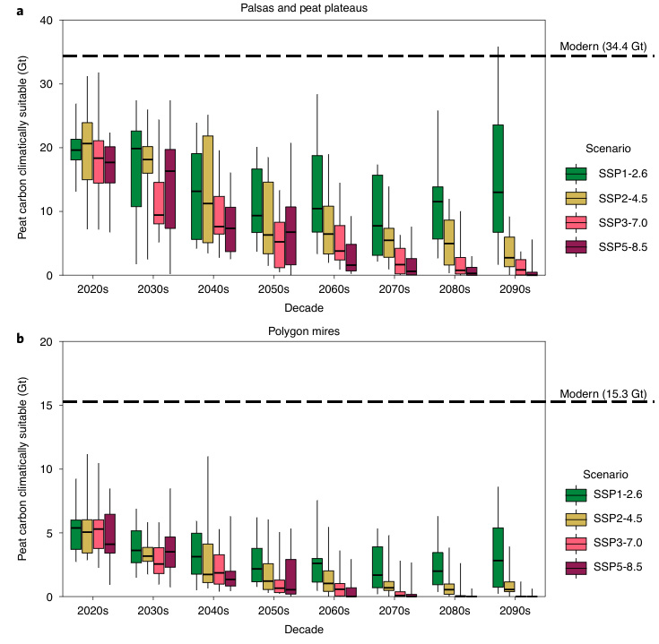 The amount of peat carbon held in permafrost peatlands located in suitable climates