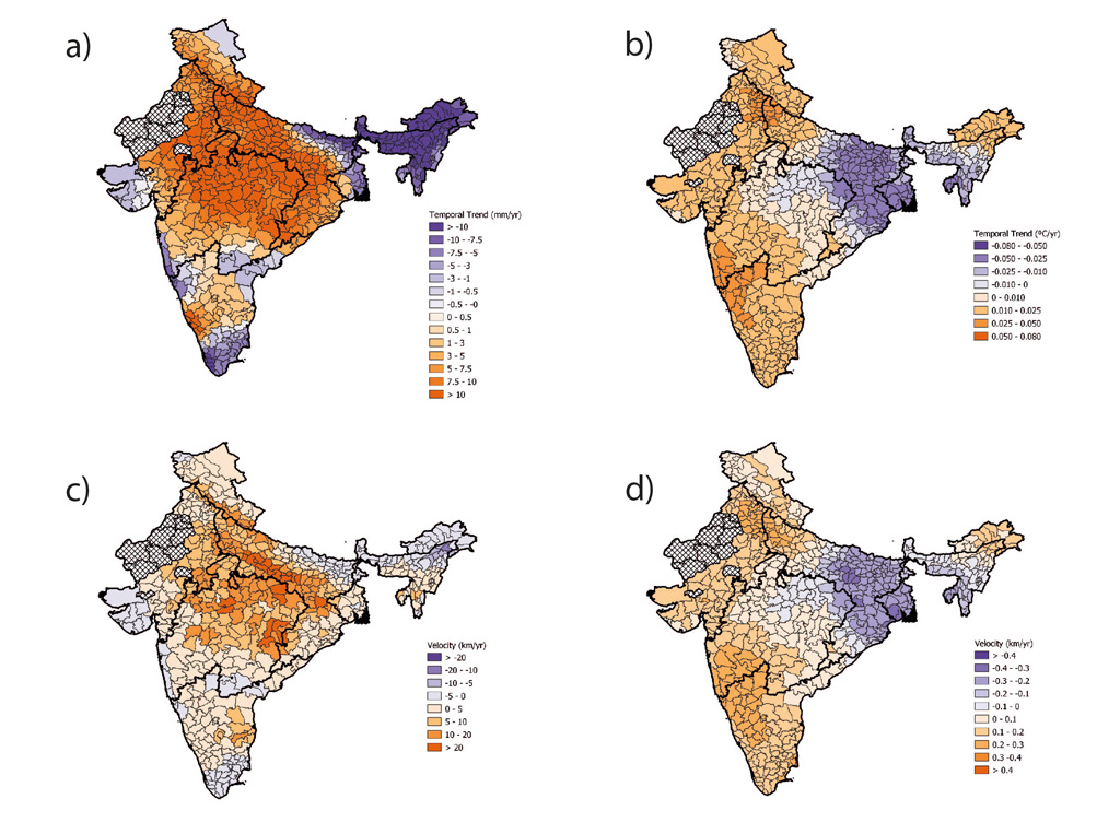 Annual precipitation temperature precipitation velocity and temperature velocity in India