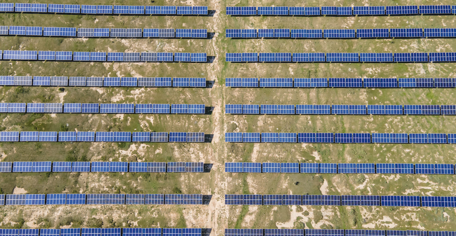 Aerial view of newly installed solar panels in Ulanqab in the Inner Mongolia Autonomous Region in northern China