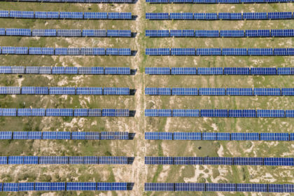 Aerial view of newly installed solar panels in Ulanqab in the Inner Mongolia Autonomous Region in northern China