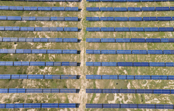 Aerial view of newly installed solar panels in Ulanqab in the Inner Mongolia Autonomous Region in northern China