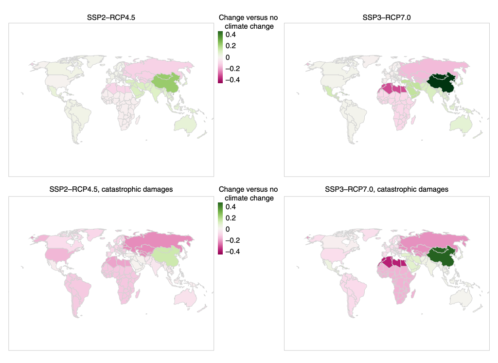 The maps below show the change in migrants from different regions in four different combinations of scenarios by the end of the century. The left column shows the “medium” SSP2-RCP4.5 scenario, while the right column shows the “more pessimistic” SSP3-RCP7.0 scenario.  The top and bottom two maps, respectively, show two climate change damages scenarios; “baseline” and “catastrophic”. Green and pink shading indicate that climate change leads to increasing and decreasing migration, respectively.