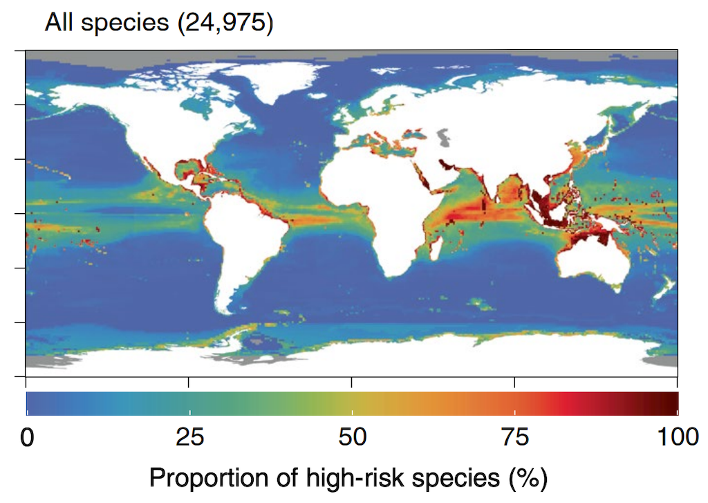 The proportion of species at high or critical climate risk under SSP5-8.5 by 2100, where red shading indicates the worst-affected areas.