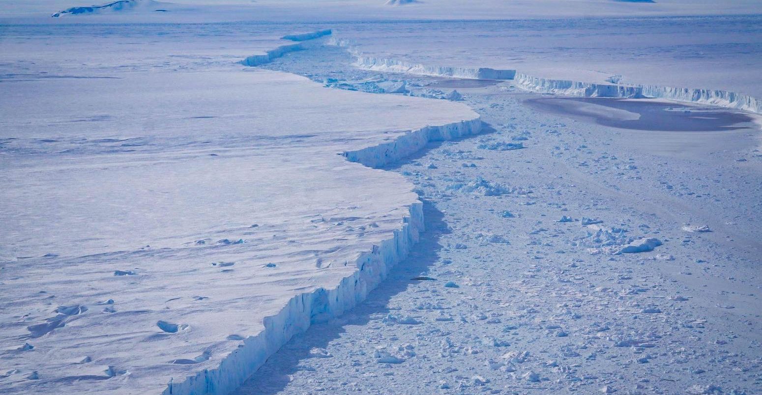 A close-up view of the rift separating Pine Island Glacier and Iceberg B-46. Credit: 2020 Images / Alamy Stock Photo.