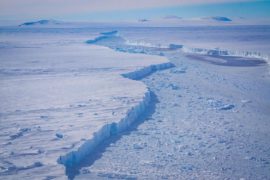 A close-up view of the rift separating Pine Island Glacier and Iceberg B-46. Credit: 2020 Images / Alamy Stock Photo.