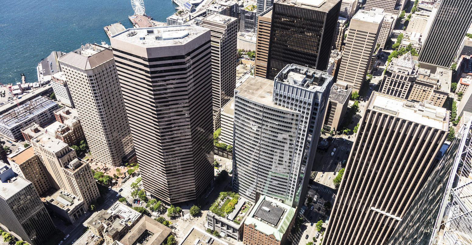 Aerial view of Seattle business and financial district in Washington, USA