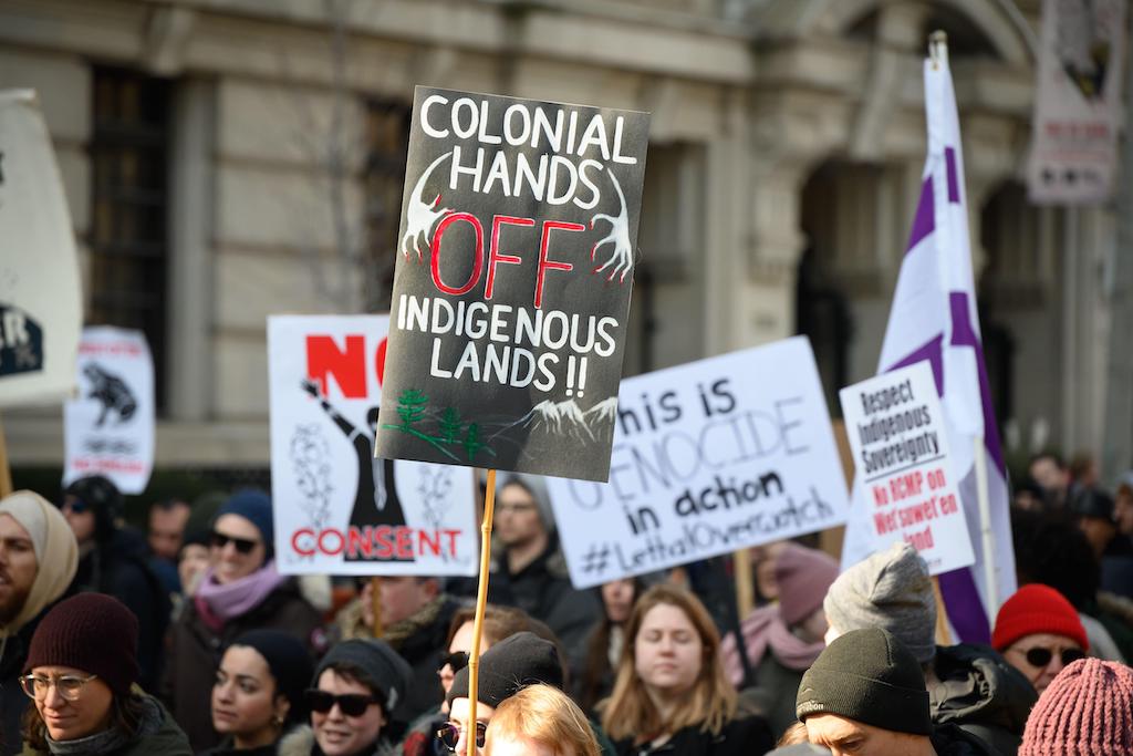 Anti-pipeline protesters march through downtown Toronto in solidarity with the Wet'suwet'en as part of the Shut Down Canada protests, 22 February 2020.