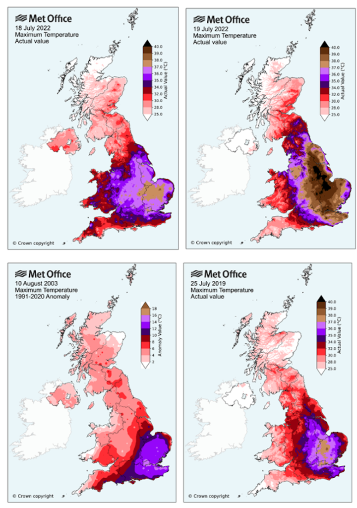 Daily maximum temperature distribution for 18 and 19 July 2022 (top), 10 August 2003 (bottom left) and 25 July 2019 (bottom right).