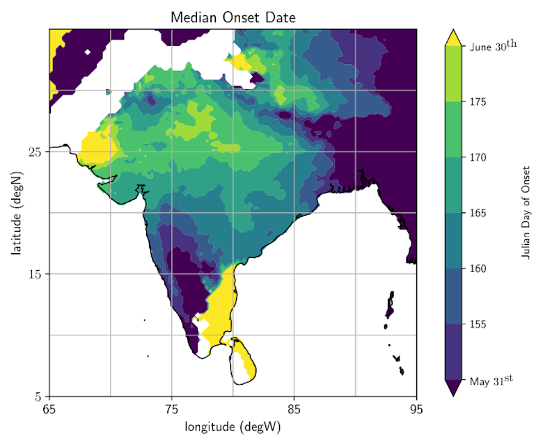 Map of median onset date on south Asian monsoon.