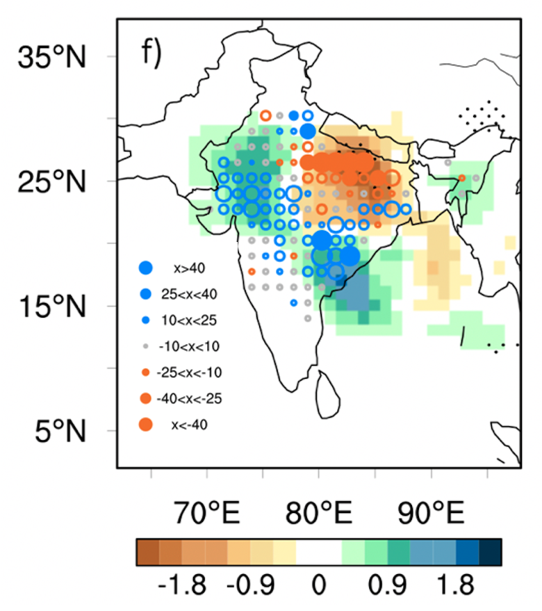 Trend of low-pressure systems track density (expressed as the number of low-pressure-system days per decade; shading) and low-pressure-system-related extreme daily rainfall amount (mm/decade; dot).