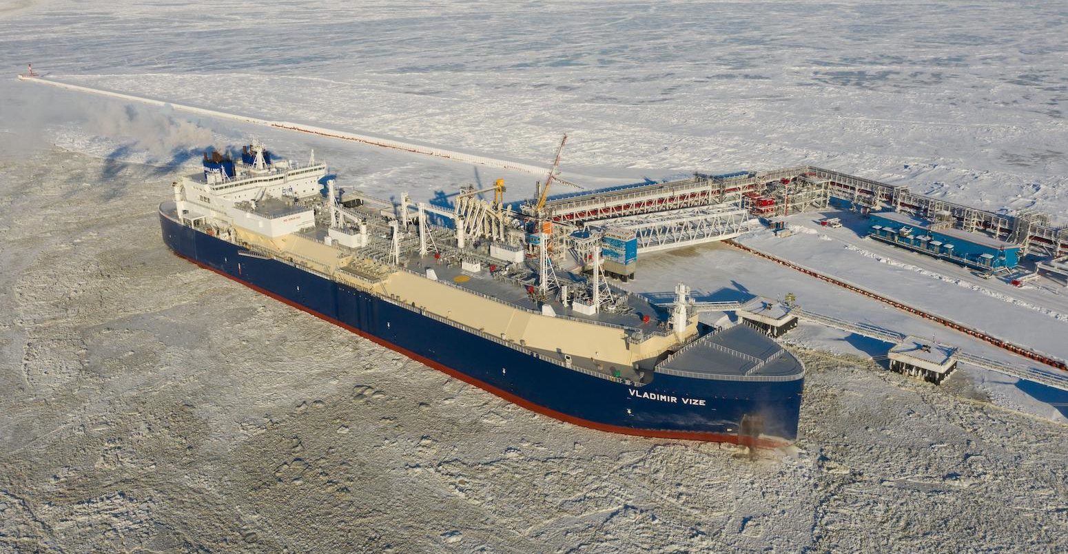 A gas carrier is loaded with liquefied natural gas at the berth in Russia