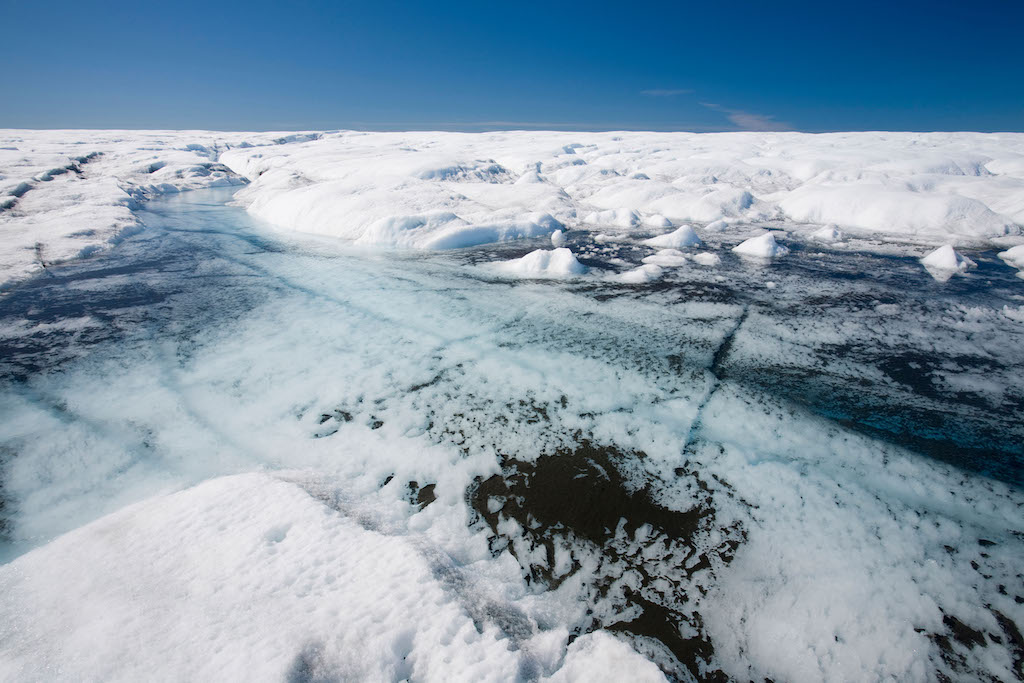 Melt water on the Greenland ice sheet, north of Ilulissat.