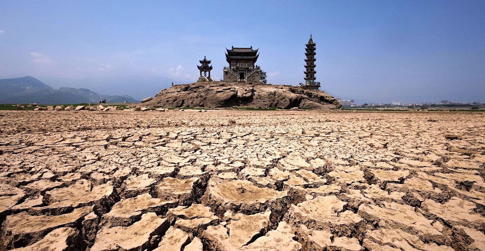 Pagodas on Luoxingdun Island that usually remain partially submerged under the water of Poyang Lake Lushan, Jiangxi province, China, 24 August 2022.