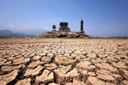 Pagodas on Luoxingdun Island that usually remain partially submerged under the water of Poyang Lake Lushan, Jiangxi province, China, 24 August 2022.