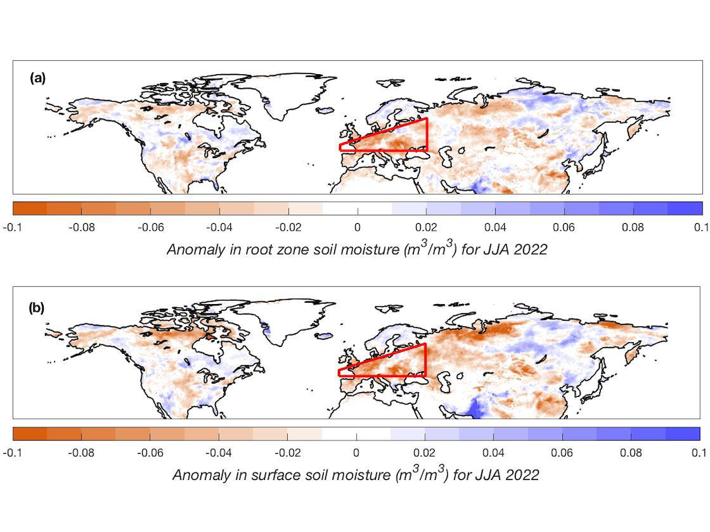 Soil moisture in the root zone (top) and surface (bottom) in June-August 2022, compared to the 1950-2022 average, using the ERA5 temperature dataset. Red indicates drier than average conditions, while blue indicates wetter than average conditions. The red shape indicates the west-central European study region. Source: WWA (2022).