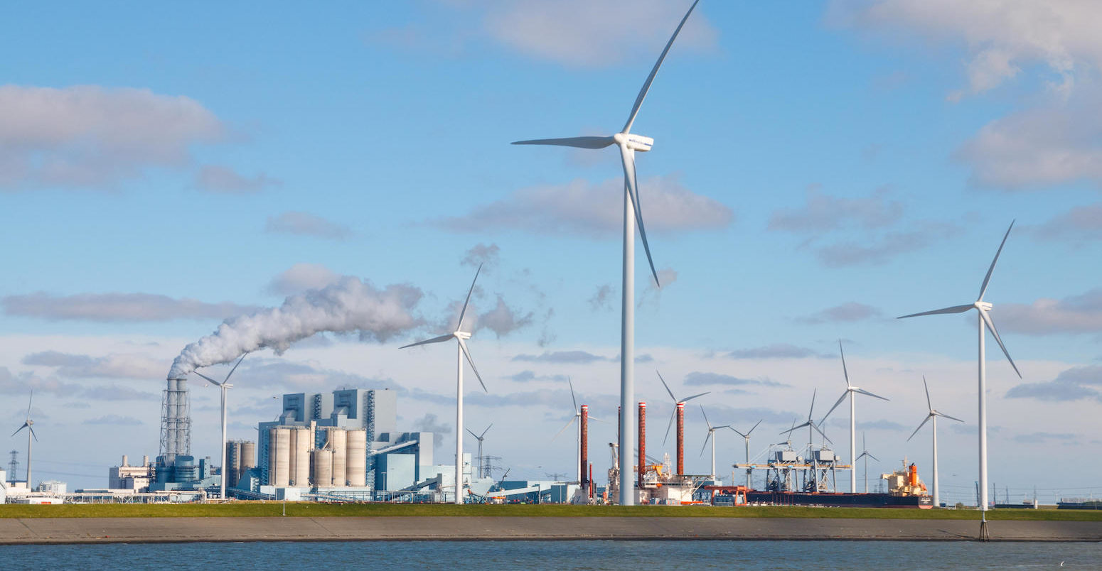 Coal plant and wind energy at the Eemshaven Seaport in Groningen, Netherlands.