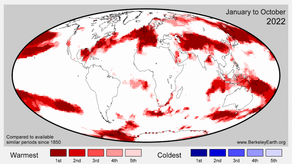 Map of year-to-date (January-October) regions that set new records (warmest through 5th warmest), provided by Berkeley Earth.