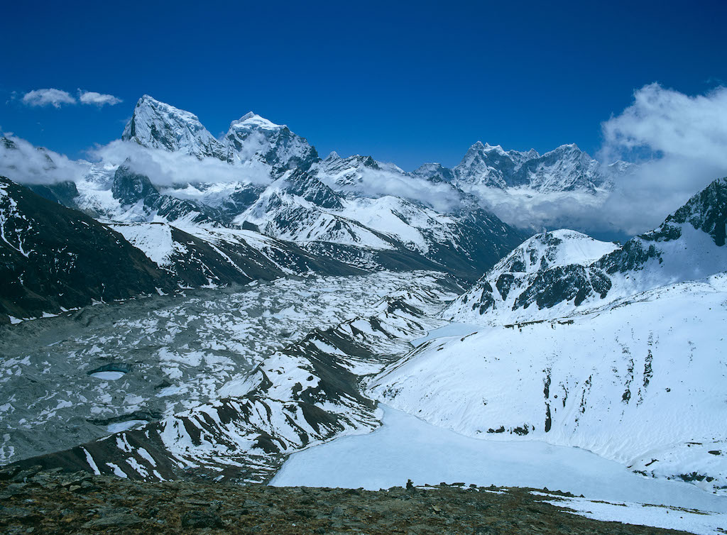 The Gokyo glacier and lakes in the Himalayas, Nepal.