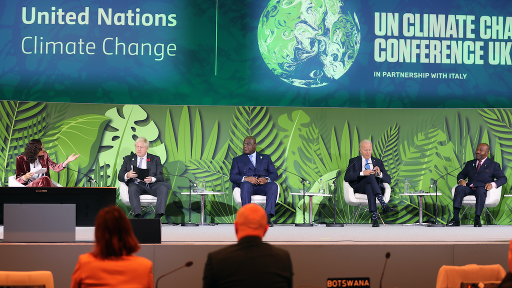 Panel view during the first session of the Special Event on Forests and Land Use, 2 November 2021.