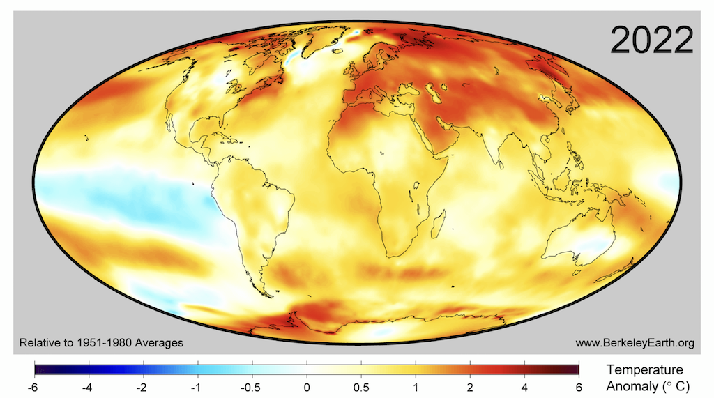 Surface temperature anomalies for 2022 from Berkeley Earth. Note that Berkeley uses a 1951-80 baseline to calculate anomalies.